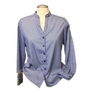Haggar Geometric Blue Mandarin Collar Blouse